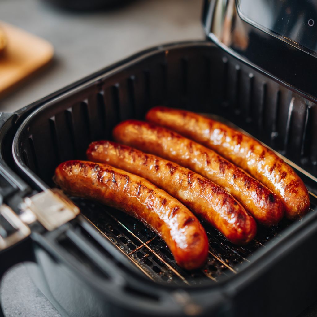 Air Fryer Hot Dogs: Juicy, Crispy & Ready in Under 10 Minutes 7 Hot dogs cooking inside air fryer