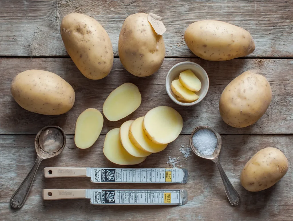 Yukon Gold potatoes on table with calorie info