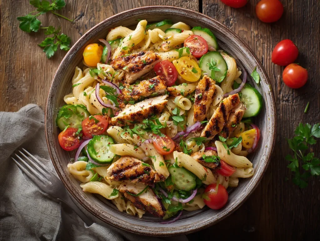 High protein pasta salad with chickpea pasta and vegetables