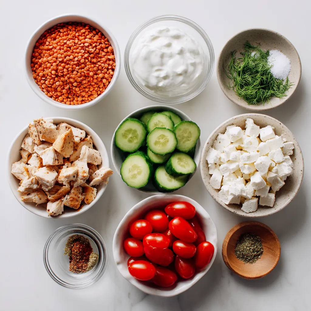 High Protein Pasta Salad That Keeps You Full 5 ngredients for high protein pasta salad arranged on a counter