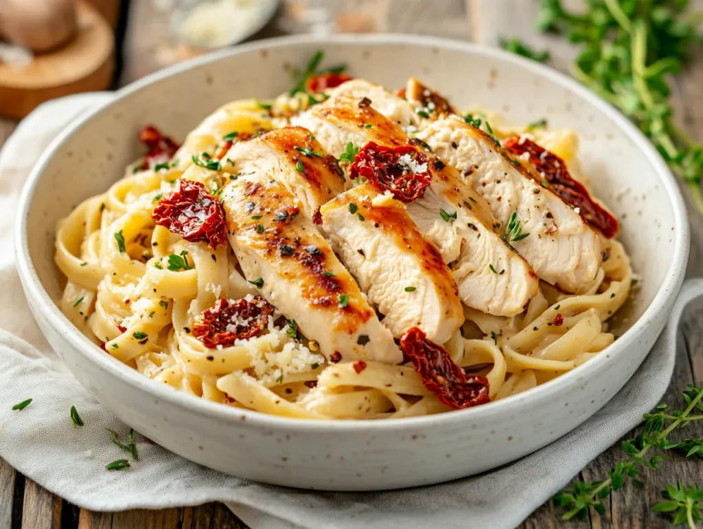 creamy marry me chicken pasta with chicken and sun-dried tomatoes