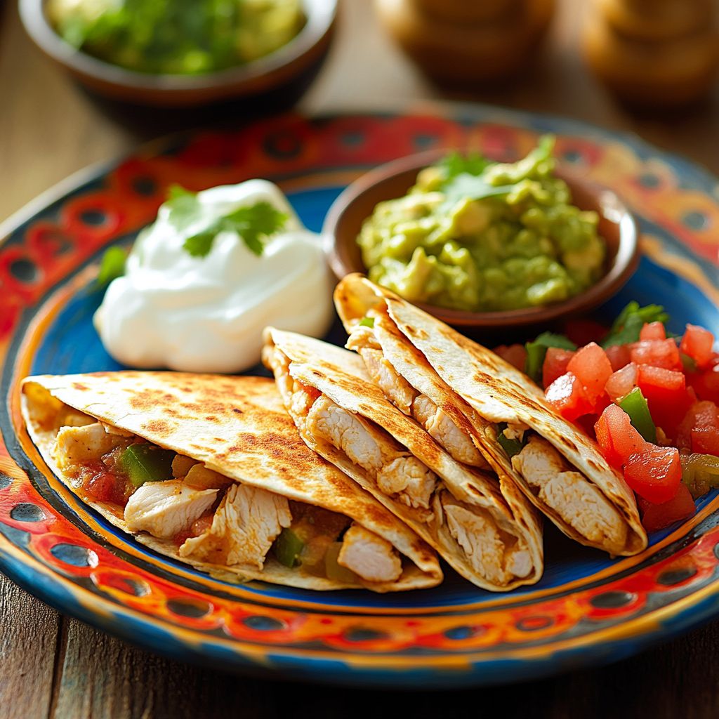 Chicken Quesadilla Recipe: Crispy, Cheesy & Full of Flavor 7 Plated chicken quesadilla with toppings