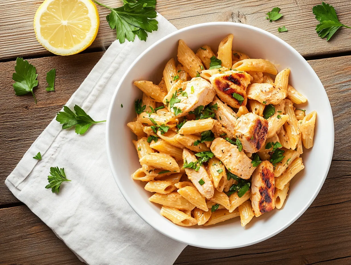 protein pasta with grilled chicken in rustic kitchen setting