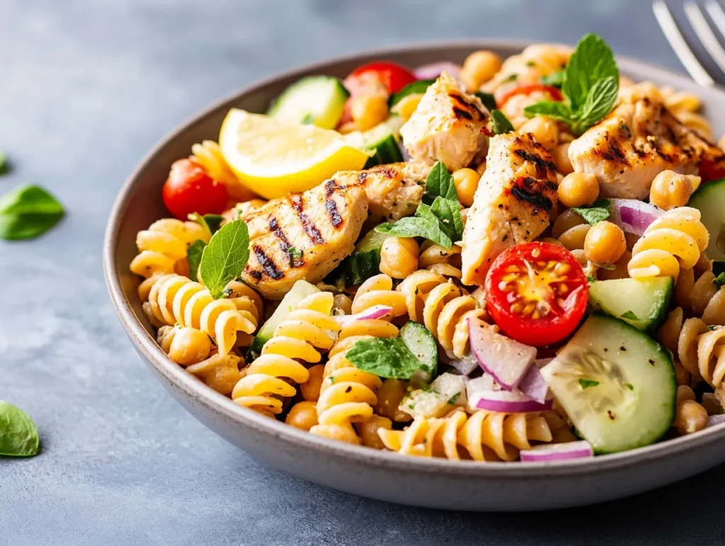 colorful protein pasta salad with grilled chicken and veggies