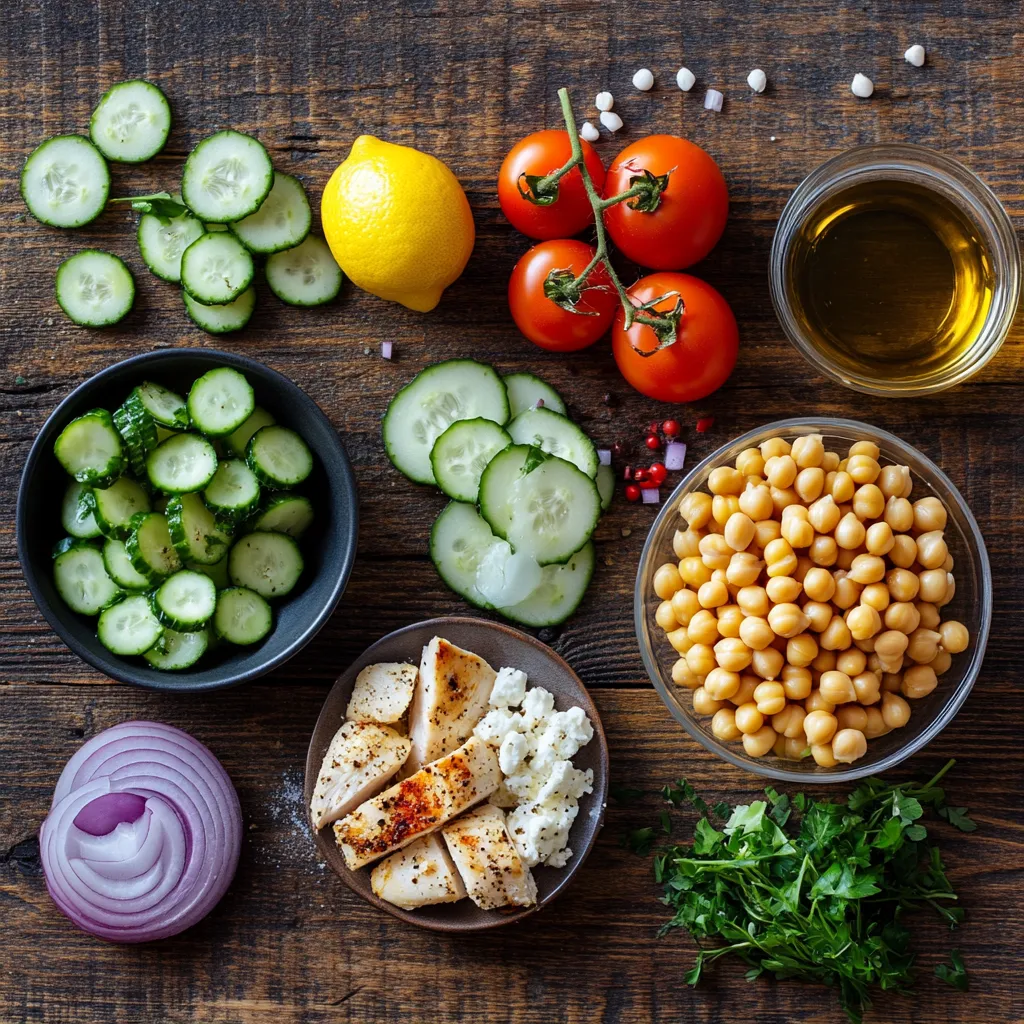 Protein Pasta Salad: Fresh, High-Protein & Easy to Prep 5 ingredients for protein pasta salad laid out flat