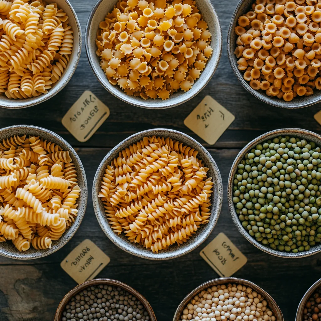 Protein Pasta Recipes: Healthy, Quick & Delicious Weeknight Winners 7 different types of dry protein pasta in labeled bowls