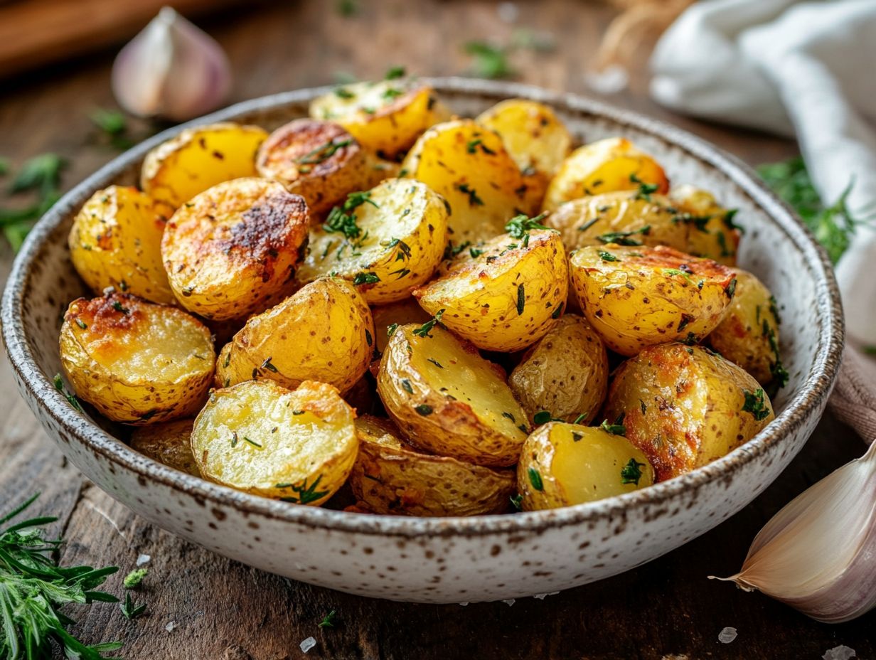 roasted yellow potatoes in rustic kitchen