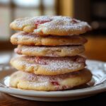 Soft and chewy strawberry cake cookies stacked on a plate