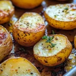 Crispy roasted gold potatoes on tray