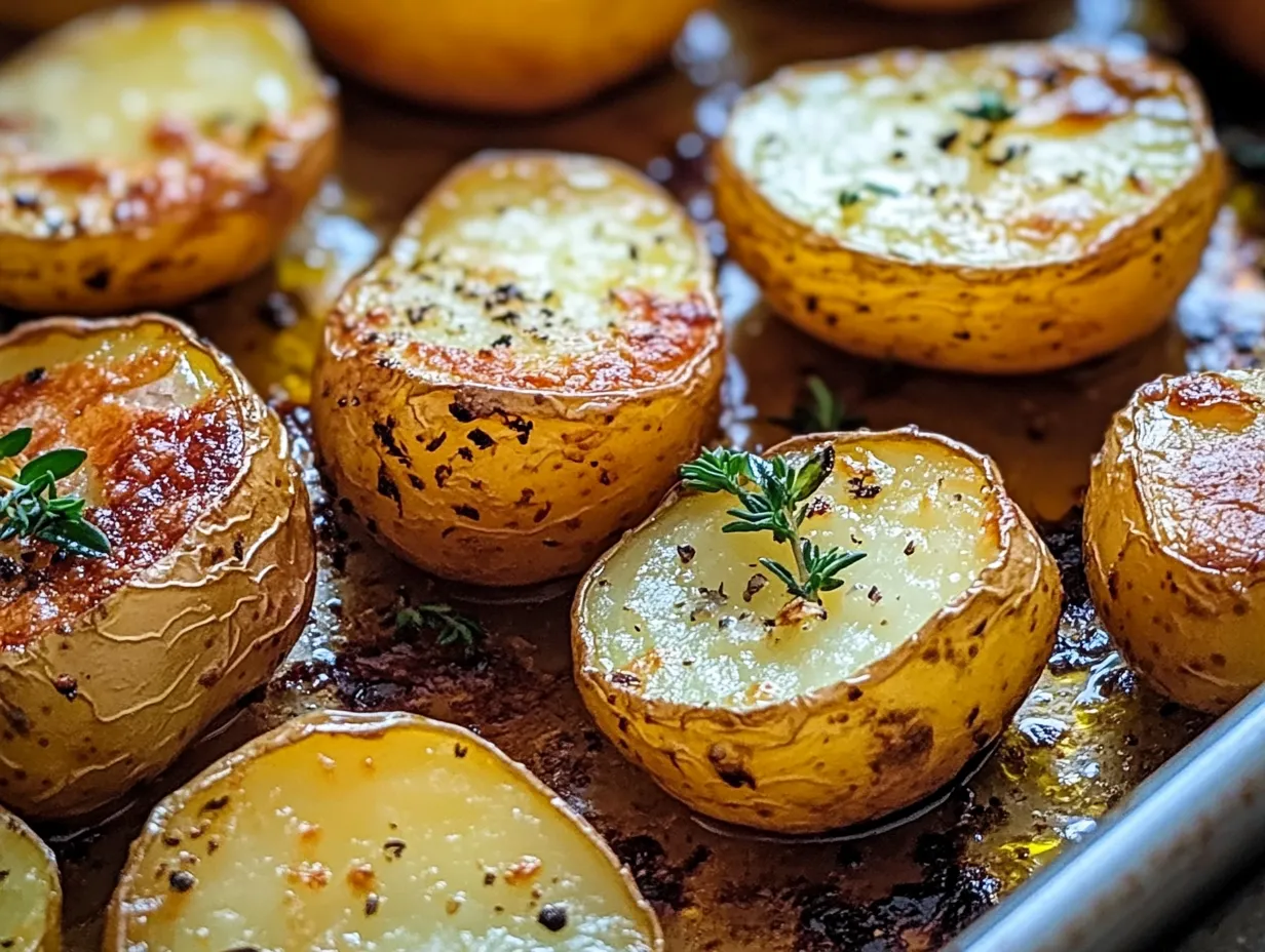 Crispy roasted gold potatoes on tray
