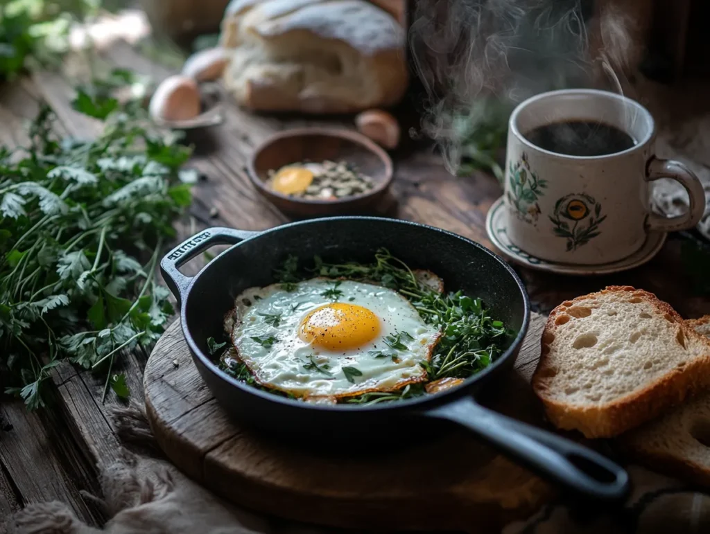 Egg skillet dinner with rustic background
