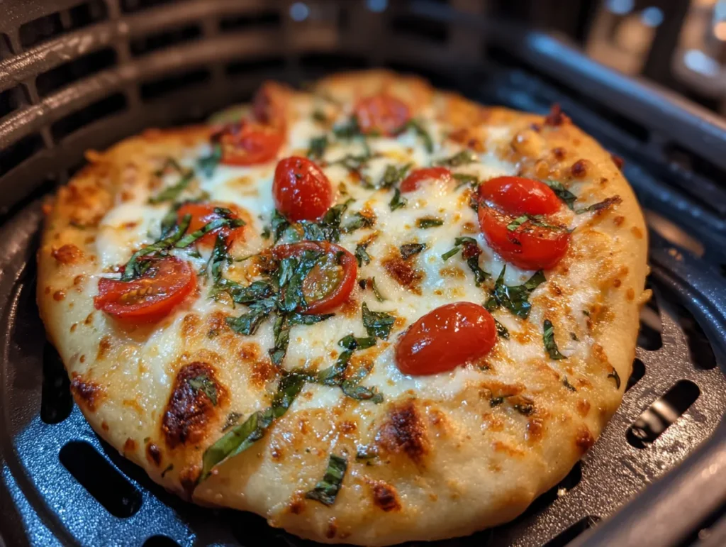 naan pizza in air fryer with melted mozzarella and fresh toppings
