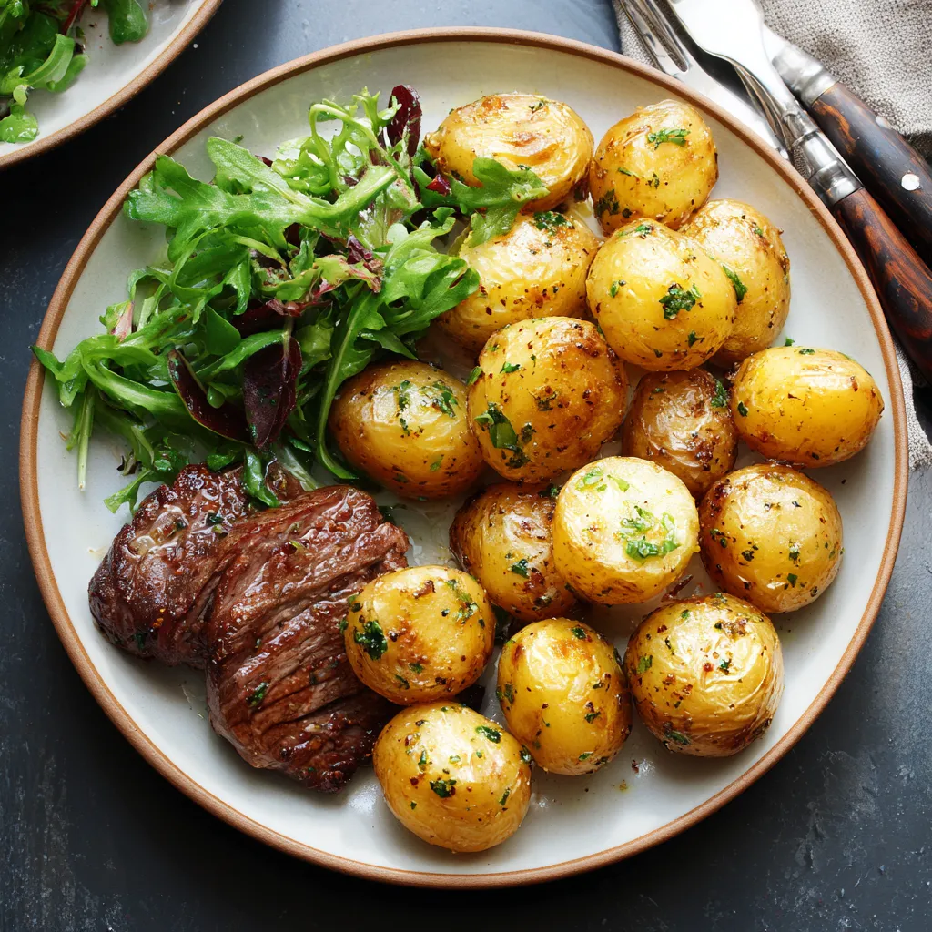 Air Fryer Baby Potatoes: 5 Simple Tips for Perfectly Crispy Results 4 baby potatoes served with steak and salad