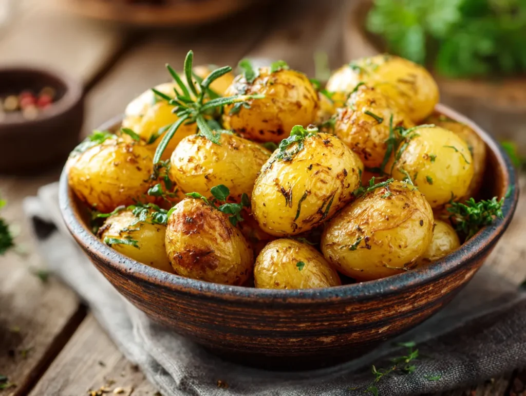 air fryer baby potatoes in rustic bowl