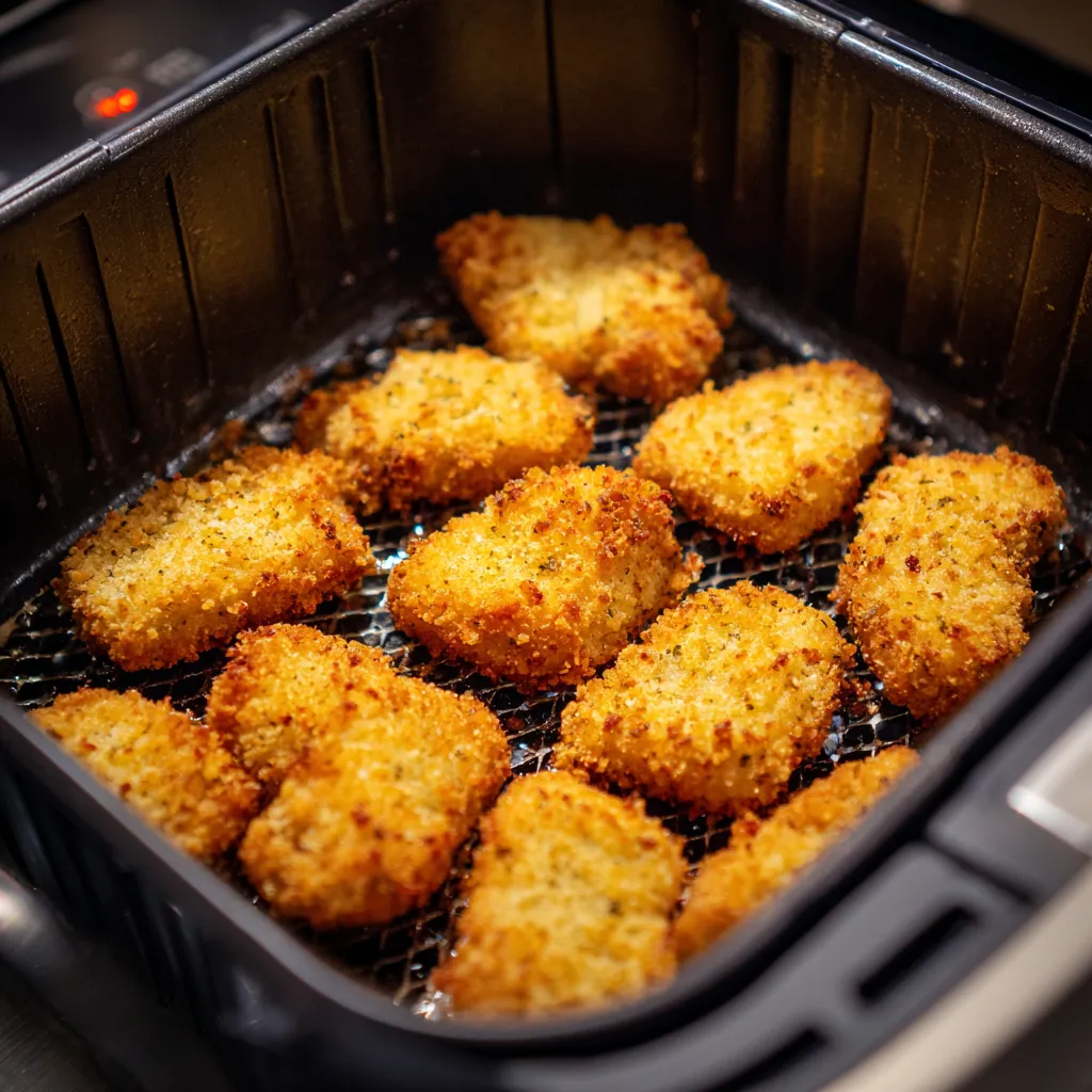 Air Fryer Chicken Nuggets – Irresistible & Crispy in Just Minutes 4 breaded chicken nuggets in air fryer basket