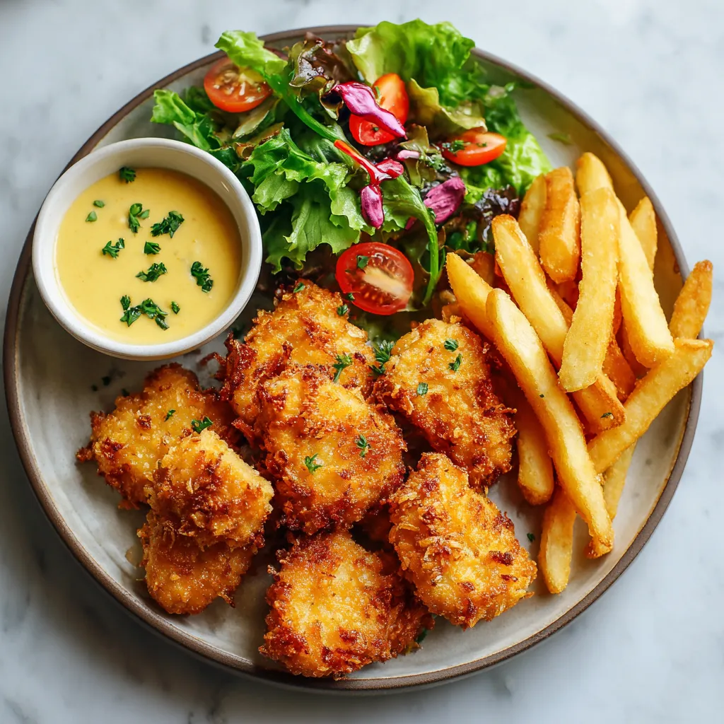 Air Fryer Chicken Nuggets – Irresistible & Crispy in Just Minutes 5 air fryer chicken nuggets plated with salad and dip