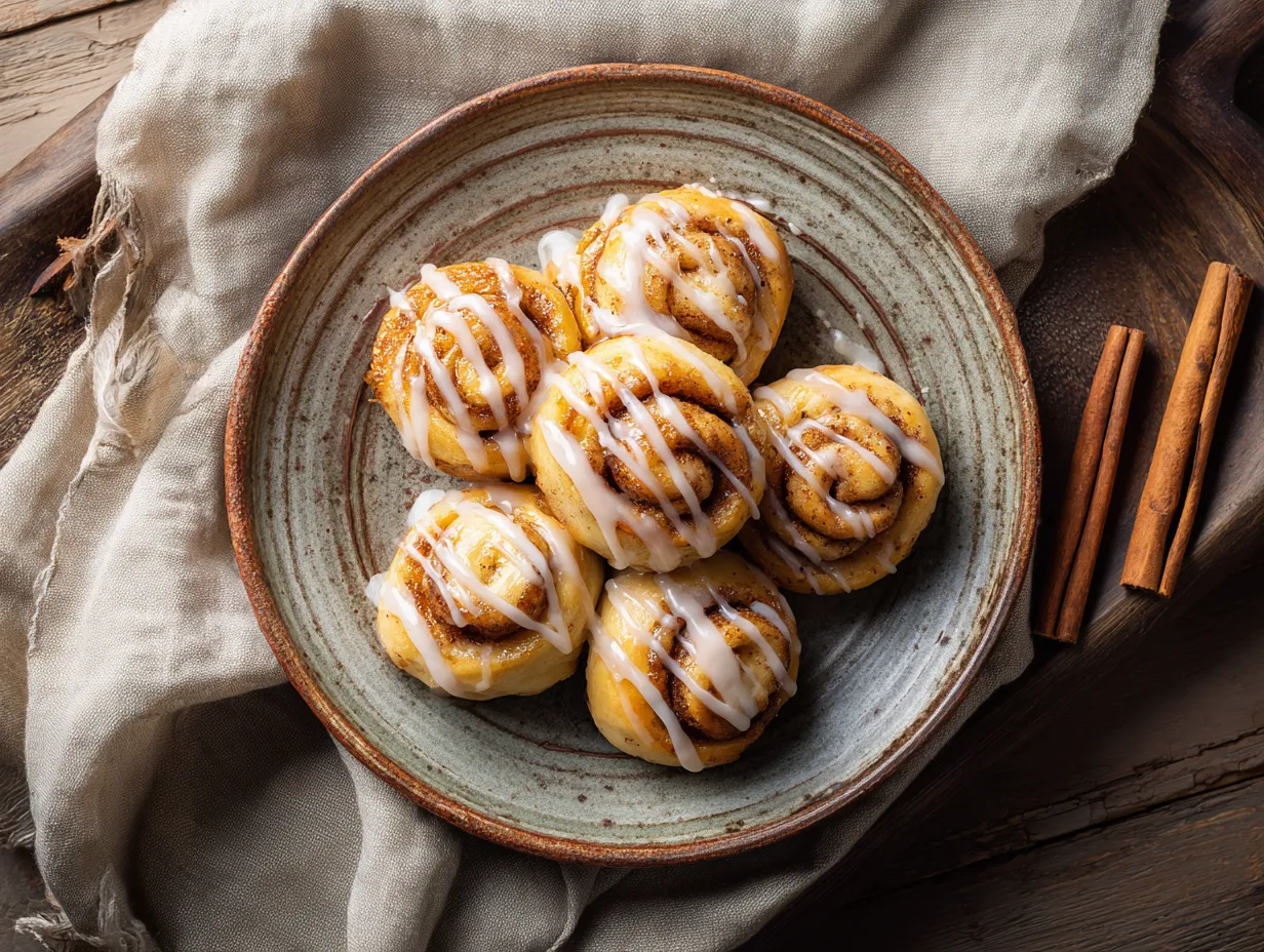 Air fryer cinnamon roll bites served on a ceramic plate with glaze