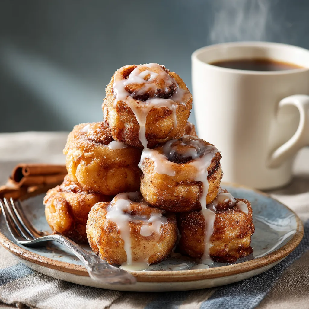 Air Fryer Cinnamon Roll Bites – Irresistible Morning Treats in Minutes 6 Cinnamon roll bites with glaze served on a breakfast plate