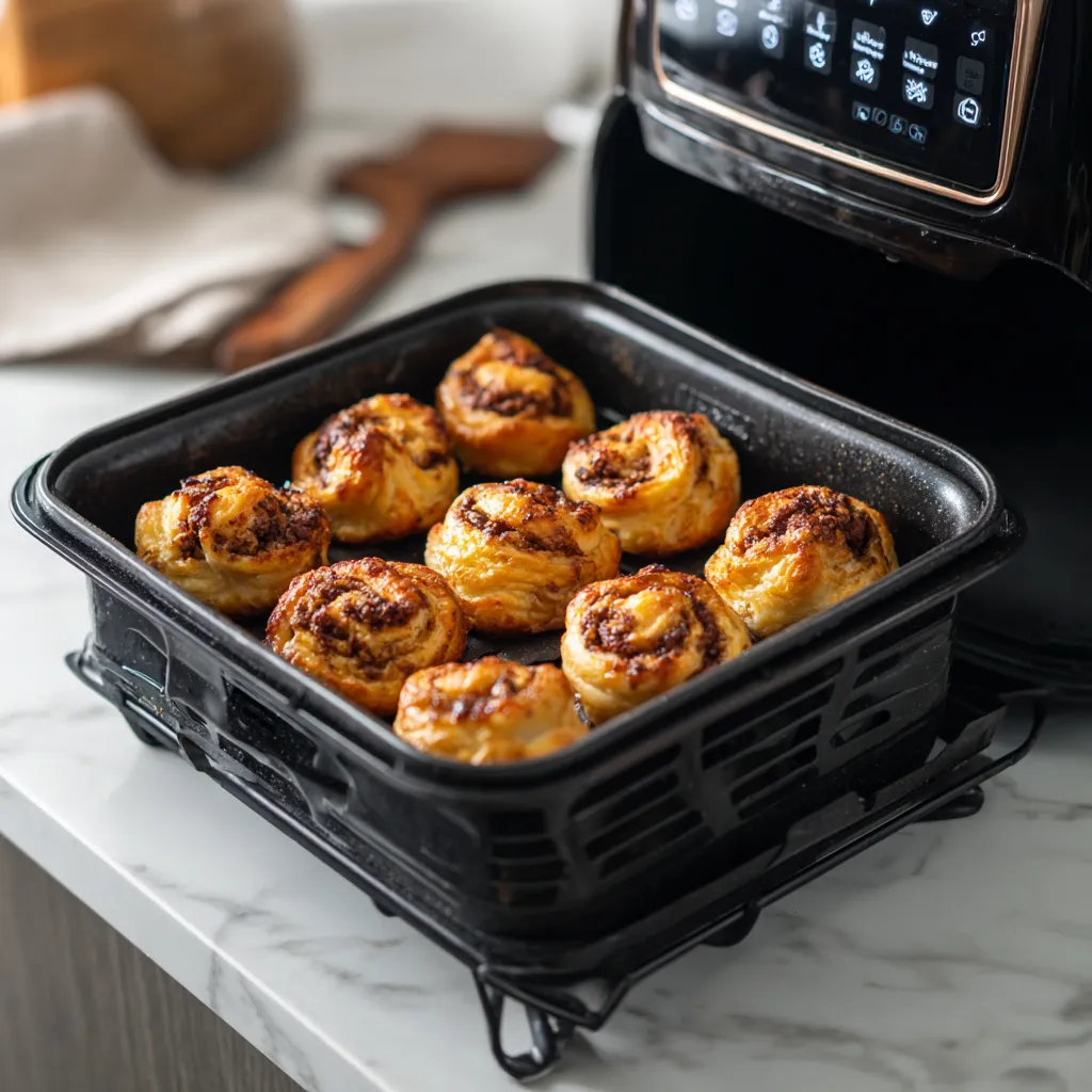 Air Fryer Cinnamon Roll Bites – Irresistible Morning Treats in Minutes 5 Cinnamon roll bites cooking inside air fryer basket