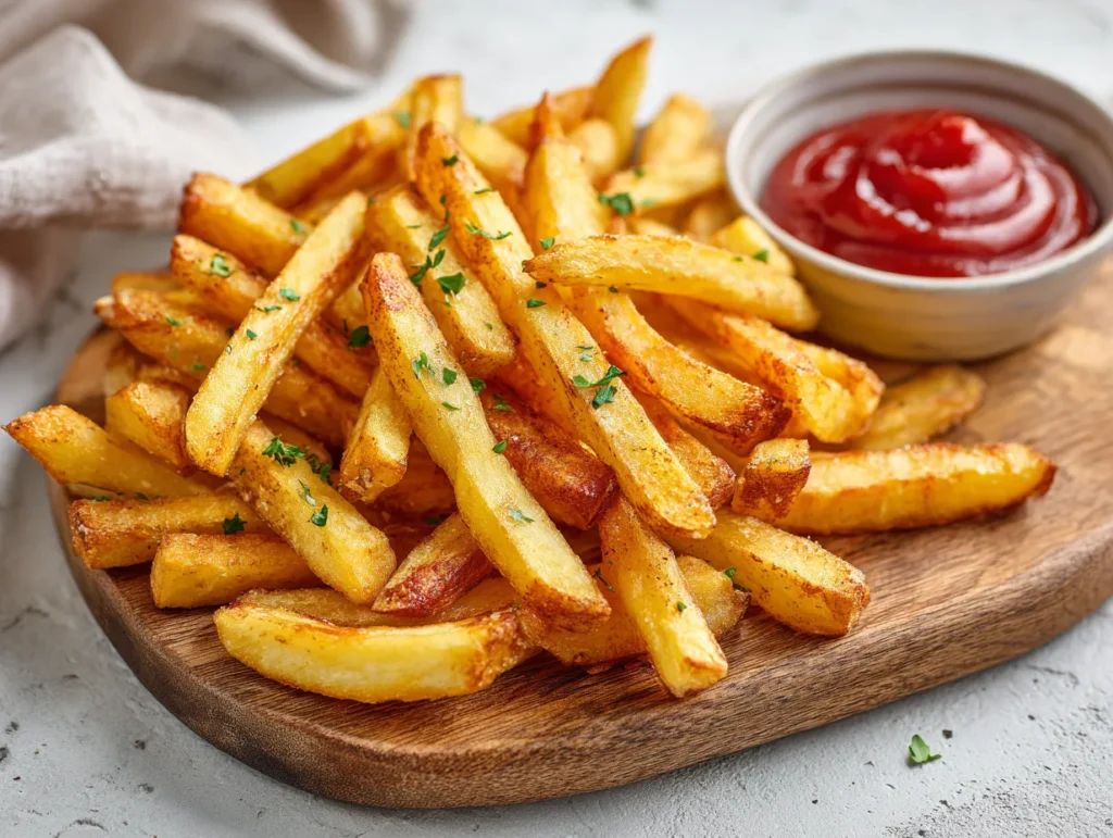 Crispy golden French fries freshly cooked in an air fryer basket.