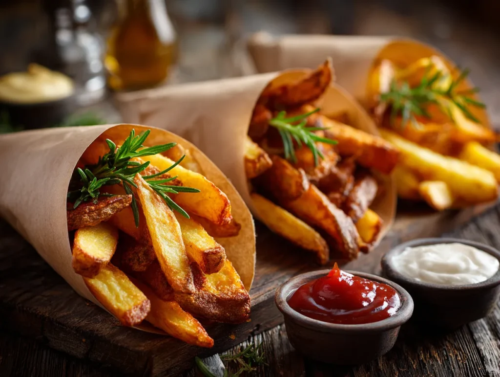 Best Air Fryer Recipes: The All-Time US Classics 4 Air fryer French fries and potato wedges with dipping sauces.