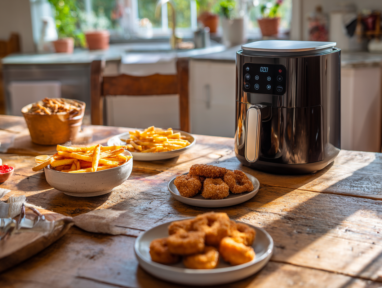 Air fryer with crispy French fries and chicken nuggets on a rustic wooden table.