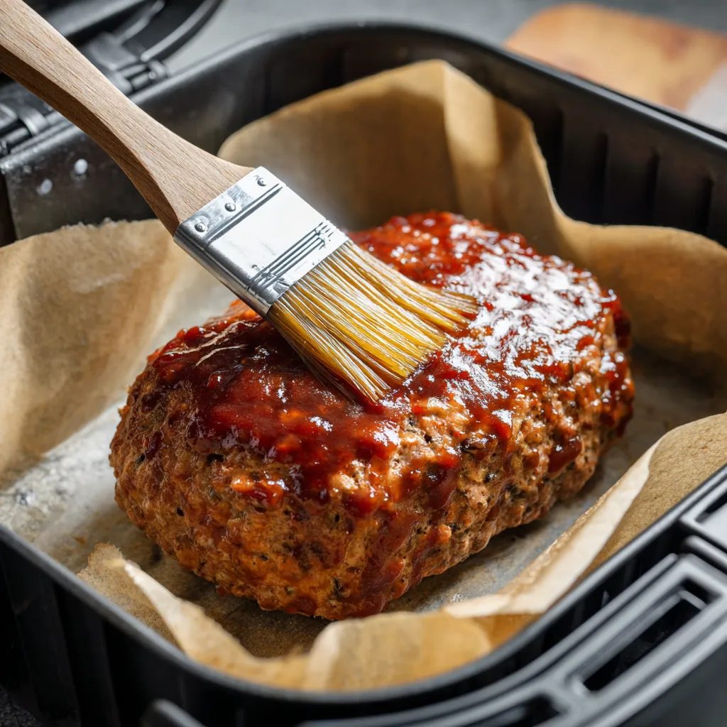 Air Fryer Meatloaf – Juicy, Glazed & Ready in 30 Minutes 3 uncooked meatloaf in air fryer basket with glaze