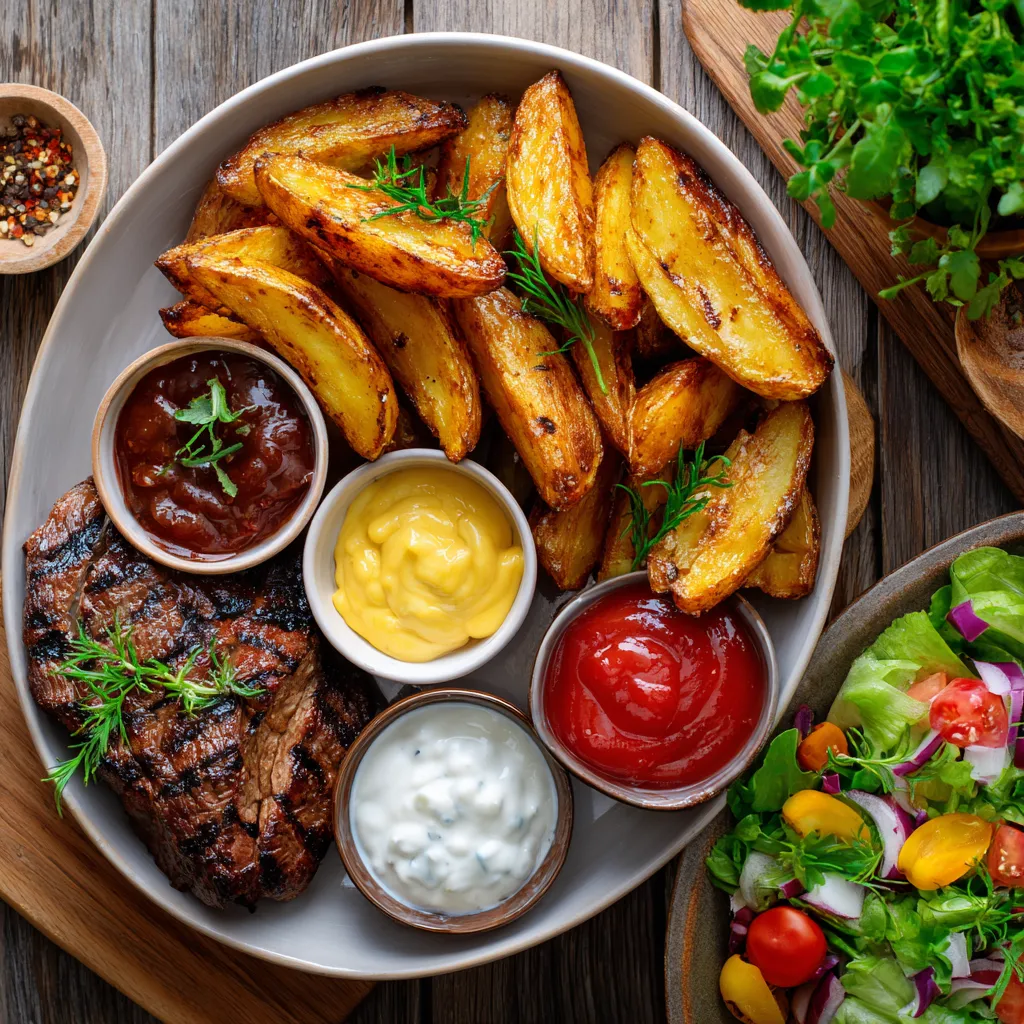 Air Fryer Potato Wedges – Crispy, Delicious & Ready in Minutes 4 potato wedges with grilled steak dinner