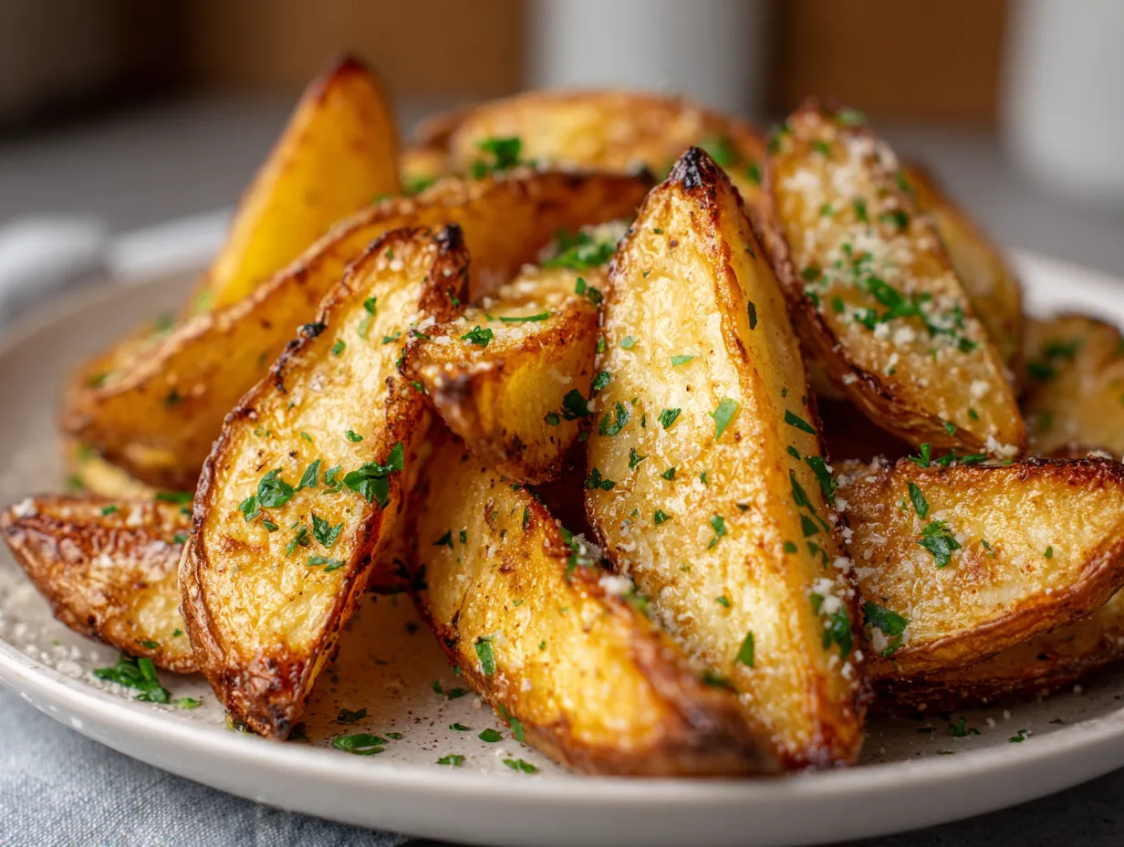 air fryer potato wedges on wooden table