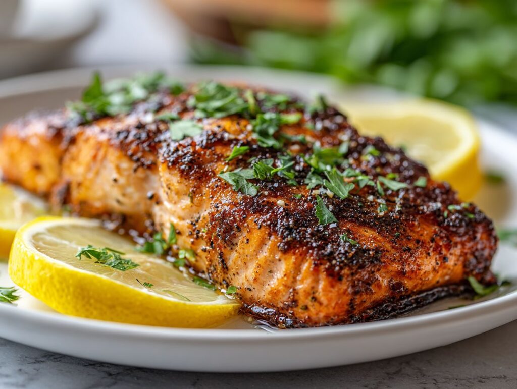 crispy air fryer salmon fillet served with lemon and parsley