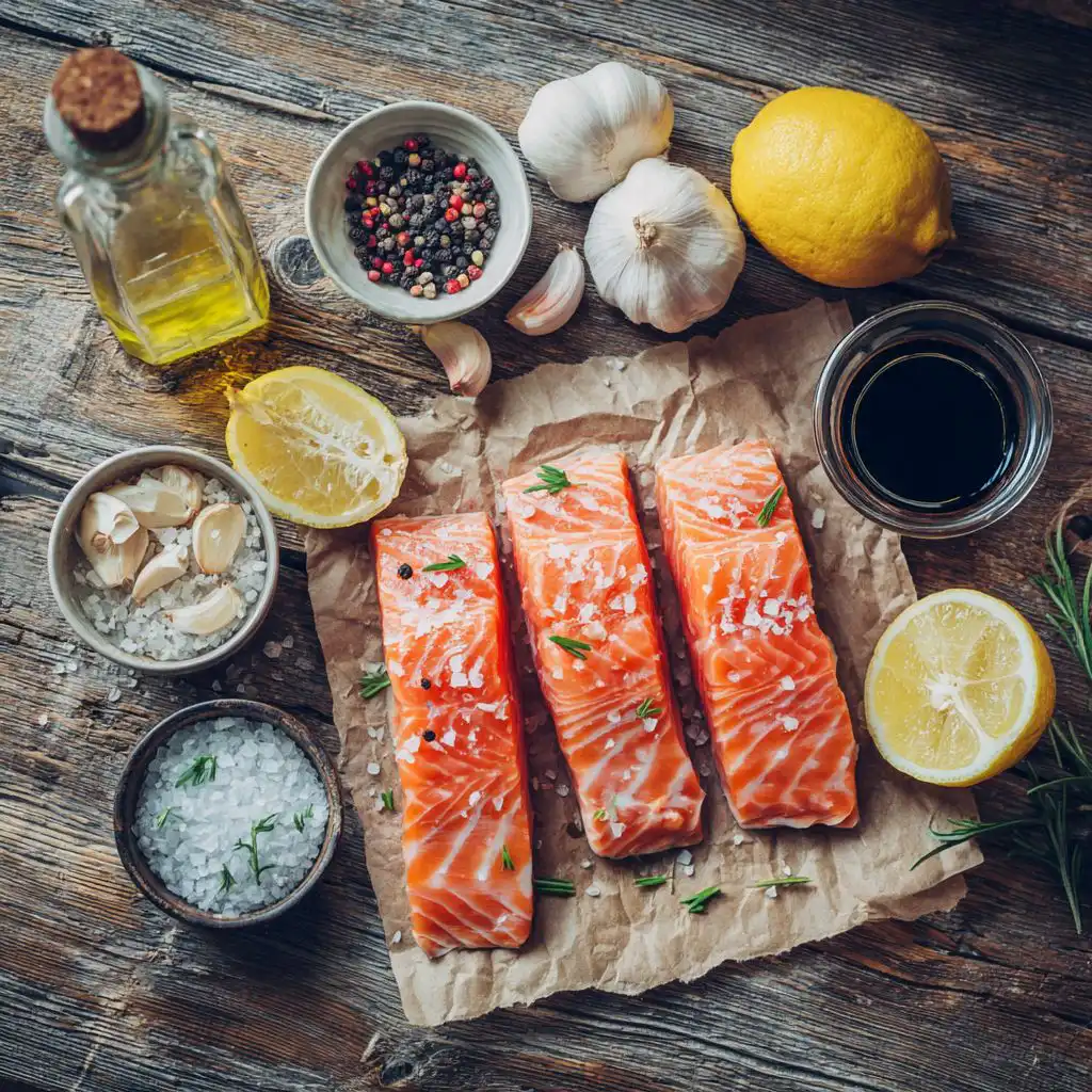 ingredients for air fryer salmon recipe with honey garlic glaze