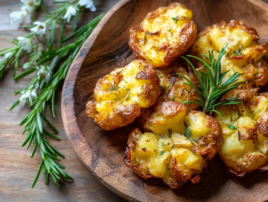 Crispy air fryer smashed potatoes served with garlic and rosemary