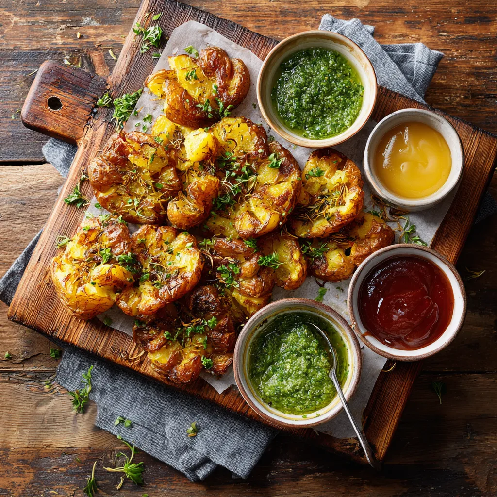 Air Fryer Smashed Potatoes – Irresistibly Crispy & Garlicky 5 Air fryer smashed potatoes served with sauces