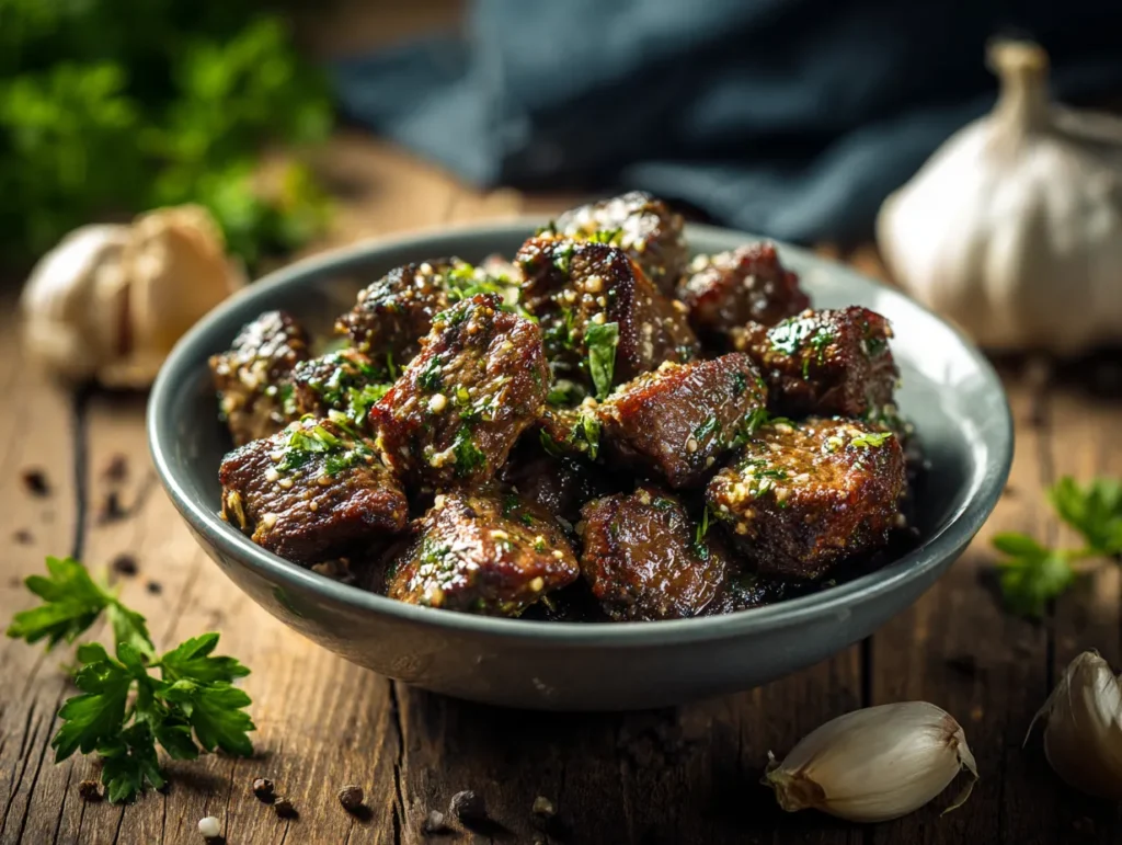 air fryer steak bites in garlic butter with crispy edges
