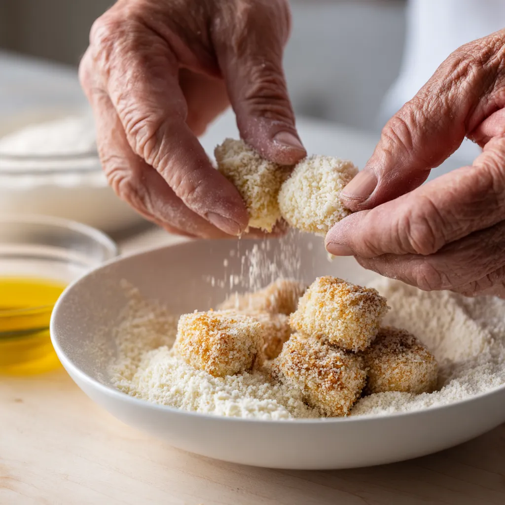 Air Fryer Bang Bang Chicken: Crispy, Sweet & Spicy Favorite 3 breading chicken cubes with flour egg and panko for air fryer bang bang chicken