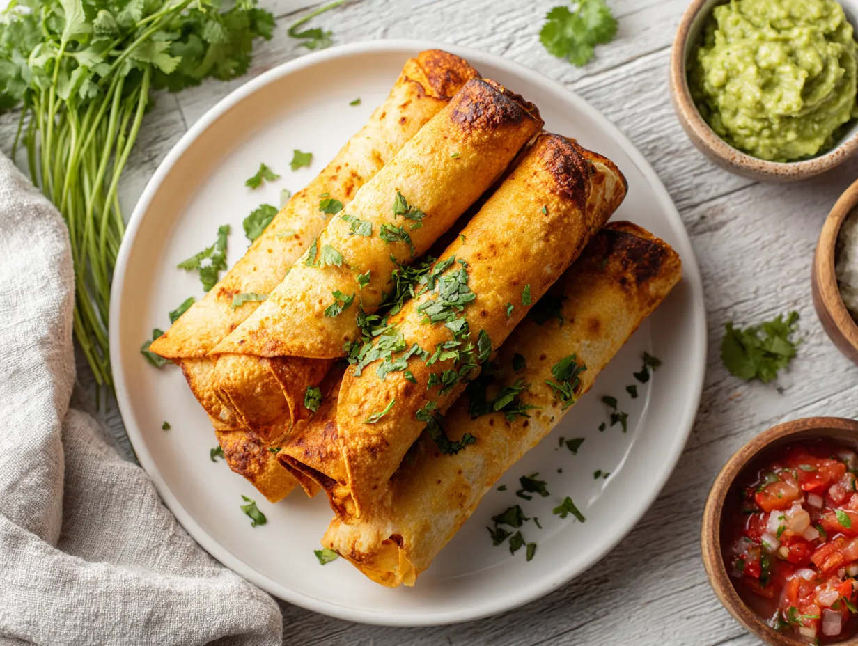 Chicken Taquitos Air Fryer: Crispy, Quick & Family-Friendly Snack 1 Crispy air fryer chicken taquitos with dips on white plate