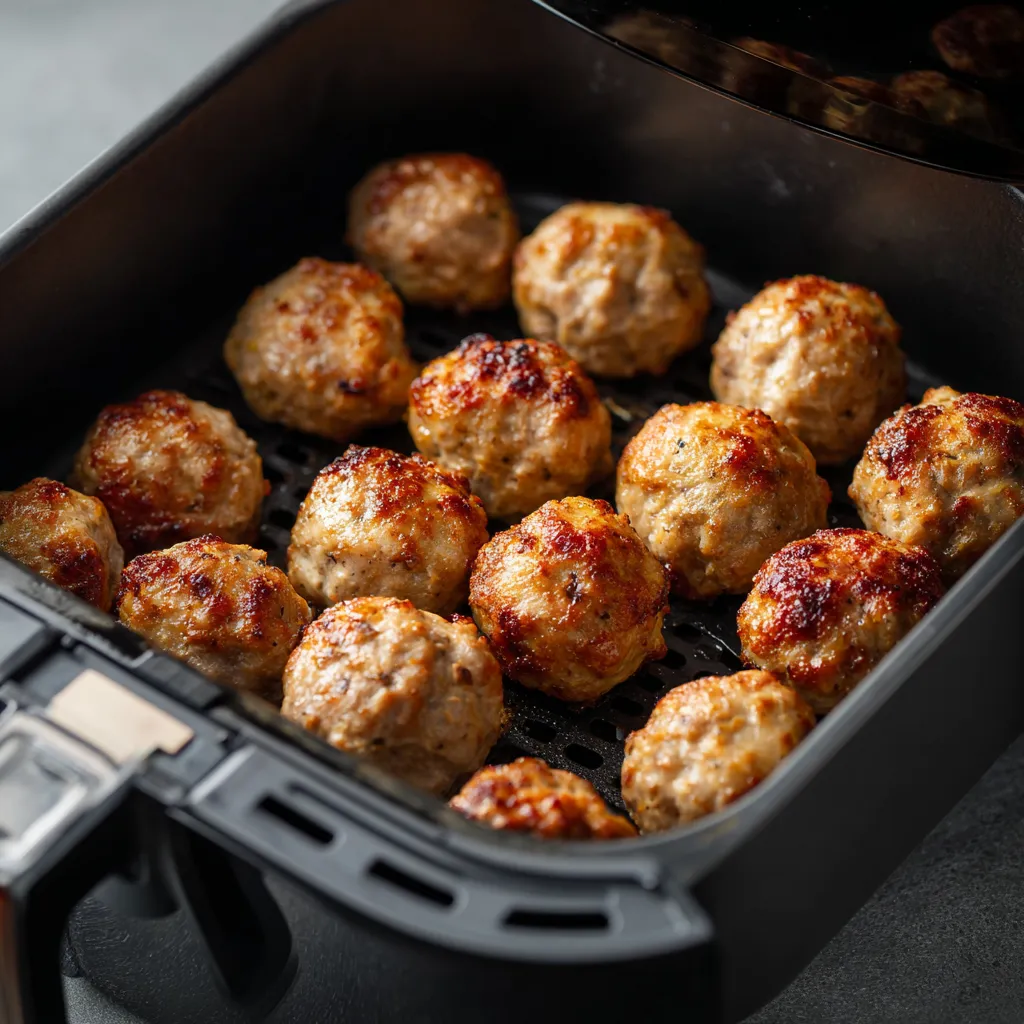 Air Fryer Meatballs: Crispy, Juicy & Foolproof Recipe 6 golden cooked meatballs inside air fryer basket