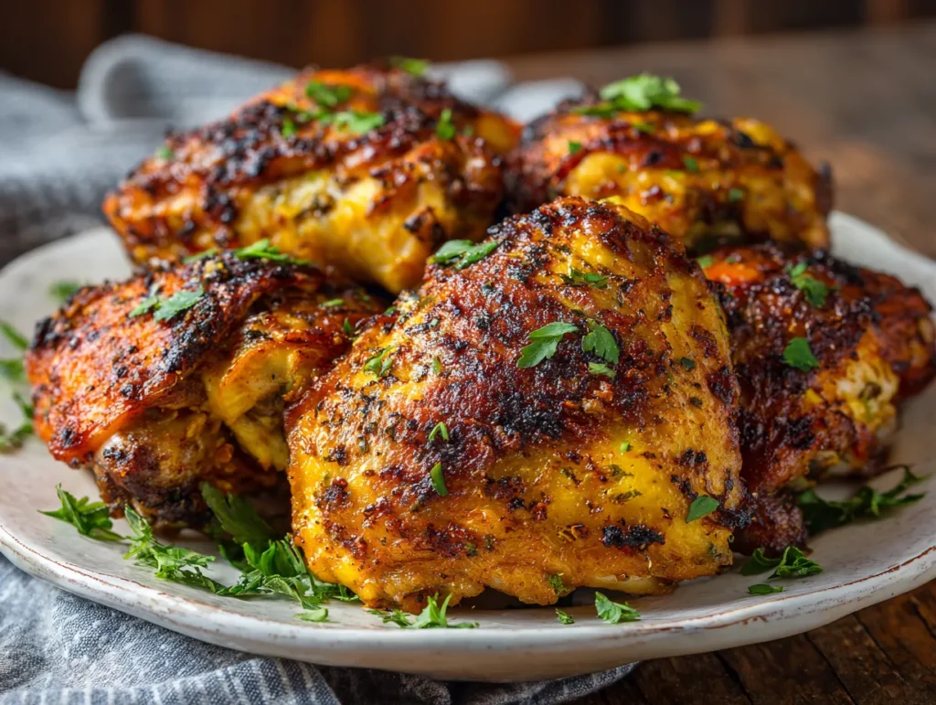 Golden crispy chicken thighs cooked in an air fryer, served hot with fresh herbs.