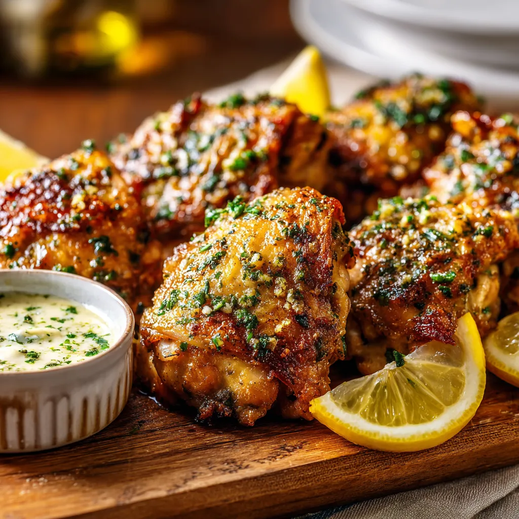 Air fryer chicken thighs brushed with garlic butter, served with lemon and dip.