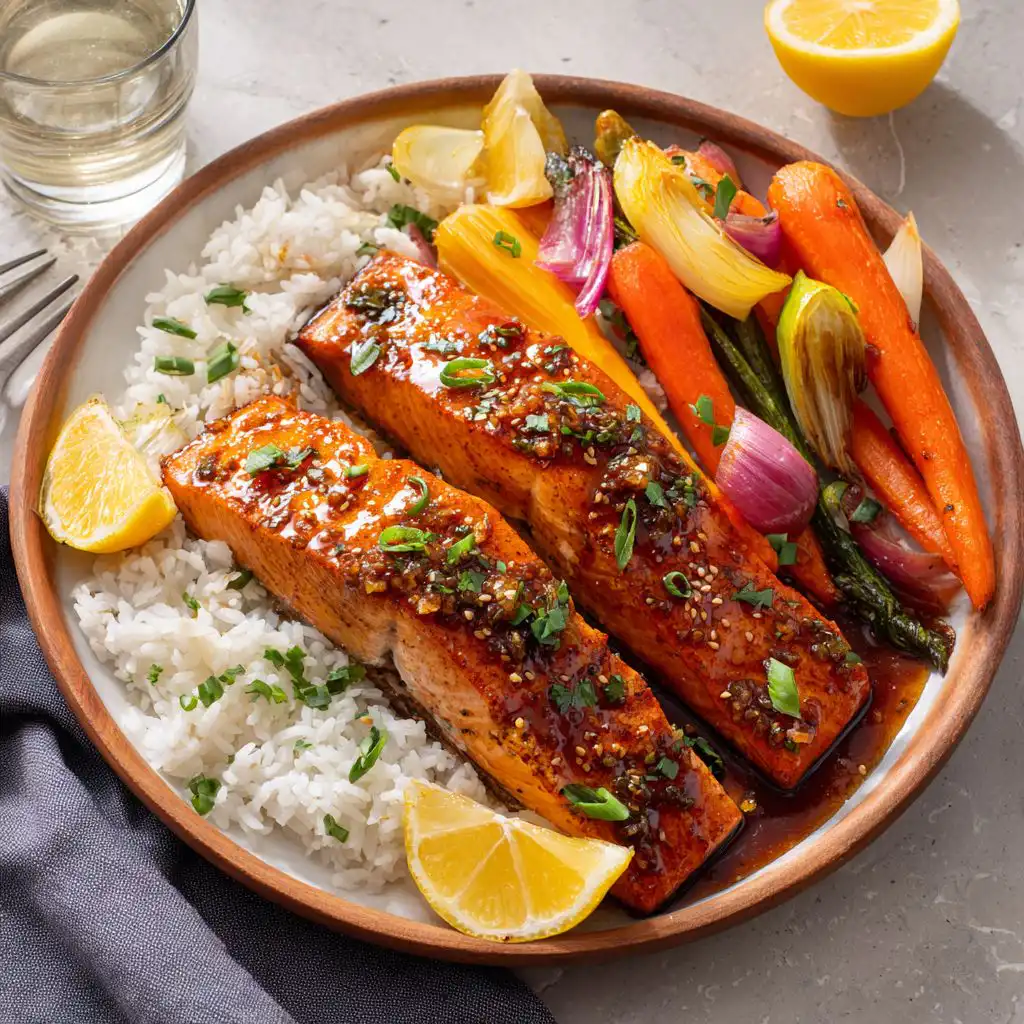 honey garlic salmon with rice and roasted vegetables