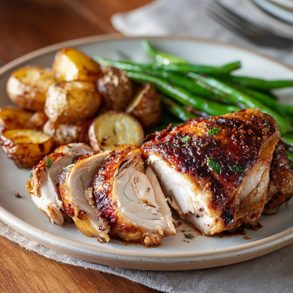 Air Fryer Chicken Thighs: Juicy, Crispy, and Perfect Every Time 3 Bone-in air fryer chicken thighs sliced to reveal a juicy center.
