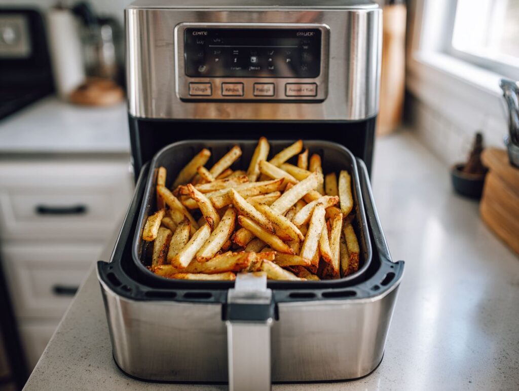 Air Fryer French Fries: Crispy, Golden, and Addictively Easy 4 No-soak air fryer French fries in a modern kitchen setting.