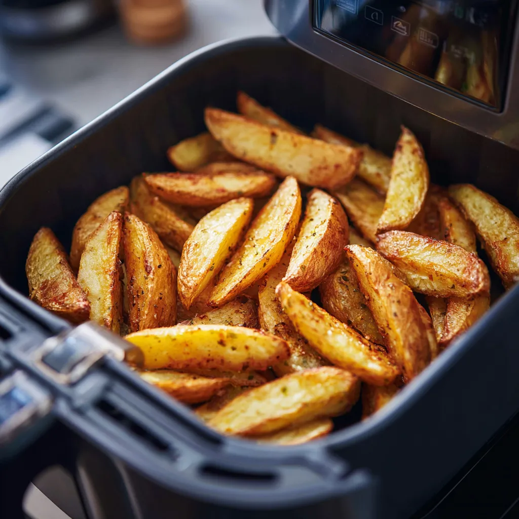 Air Fryer Potato Wedges – Crispy, Delicious & Ready in Minutes 3 potato wedges cooking in air fryer