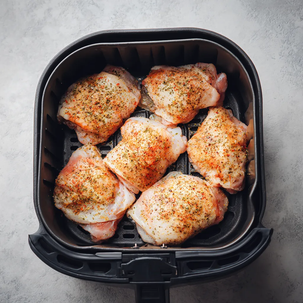 Air Fryer Chicken Thighs: Juicy, Crispy, and Perfect Every Time 2 Bone-in air fryer chicken thighs sliced to reveal a juicy center.