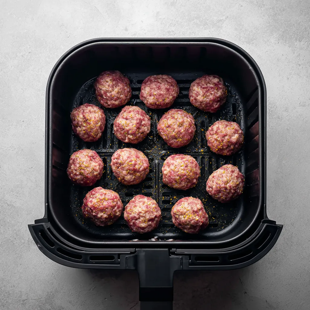 Air Fryer Meatballs: Crispy, Juicy & Foolproof Recipe 4 raw homemade meatballs placed in air fryer basket