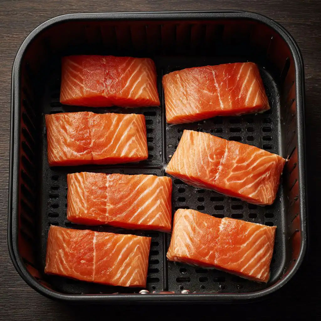 salmon fillets in air fryer basket before cooking