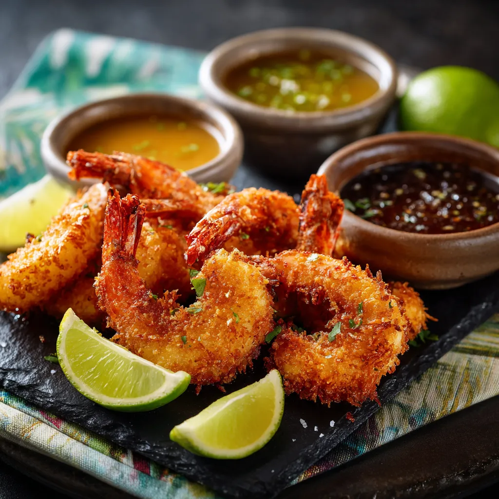Air Fryer Coconut Shrimp – Crispy, Sweet, & Totally Addictive 5 Air fryer coconut shrimp plated with sauces and lime