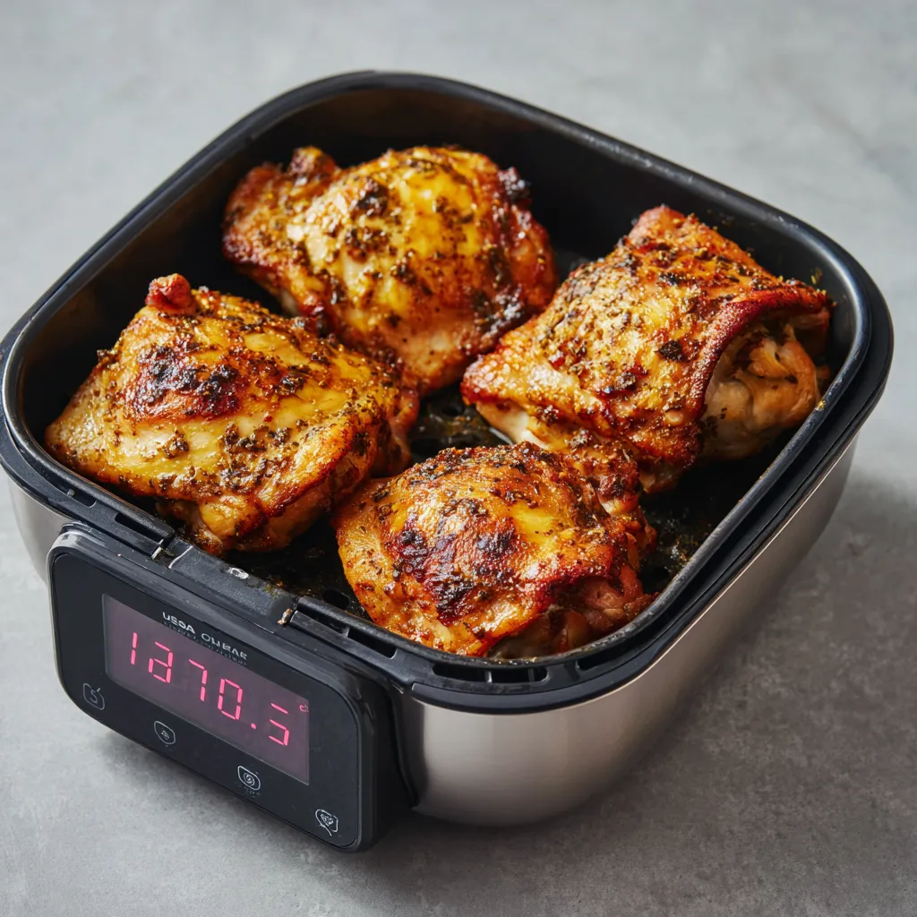 Air Fryer Chicken Thighs: Juicy, Crispy, and Perfect Every Time 4 Cooked chicken thighs with thermometer showing 165°F as per USDA food safety.