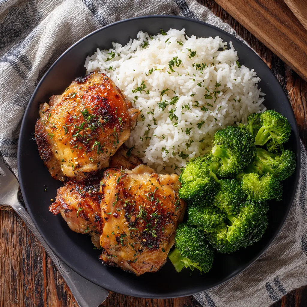 Air Fryer Chicken Thighs: Juicy, Crispy, and Perfect Every Time 5 Complete dinner plate with air fryer chicken thighs, rice, and broccoli.