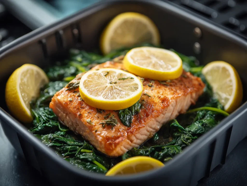brahim a Baked salmon with spinach in an air fryer basket per 9fda15d8 c42d 41a8 844c 581d50f9b055 3 1